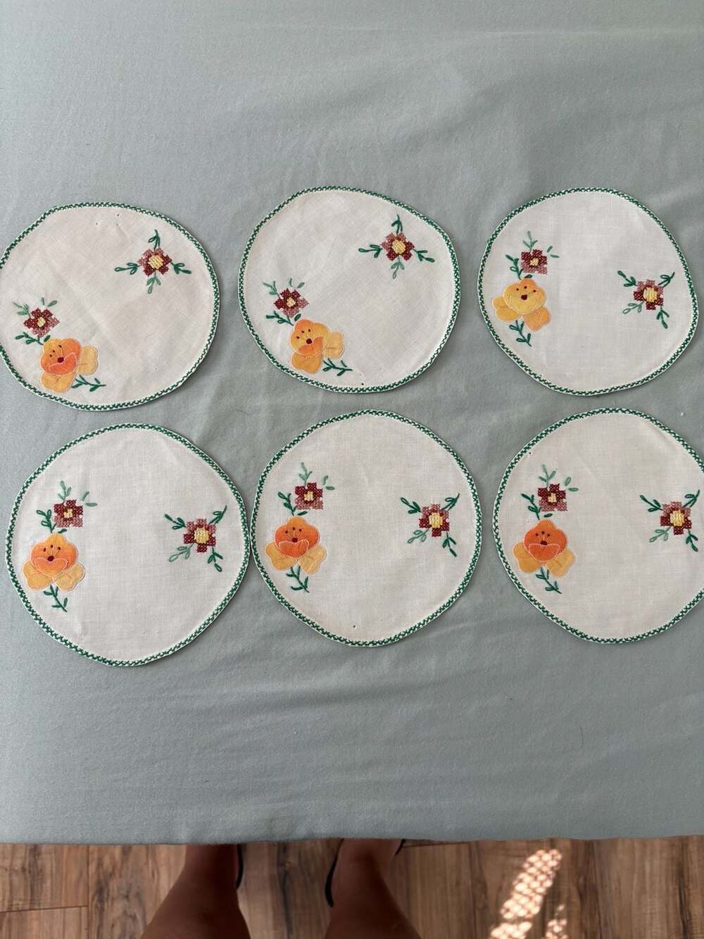 Vintage Embroidered Floral Coasters Set of 6 Round Size 6
